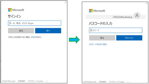 Shows the screens where you enter your Microsoft account and password.