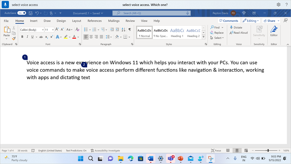 Word document showing voice access asking user to select one occurrence of many.