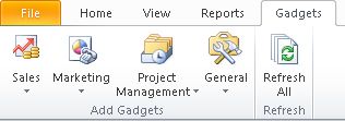 Gadets tab in the Riboon with buttons for the Sales, Marketing, Project Managerment, and General gadgets. Also shows a Refresh All button