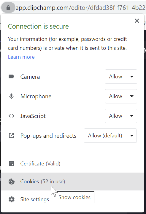 Image of website settings dropdown menu with Cookies option highlighted