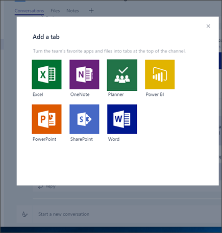 In the Microsoft Teams client, at the top of the channel, users can add tabs for favorite apps and files by using the Tabs gallery.