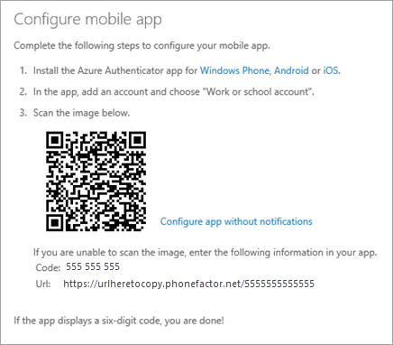 Screenshot of the "Configure mobile app" page for Microsoft Authenticator