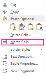 Right-click shortcut menu to merge table cells