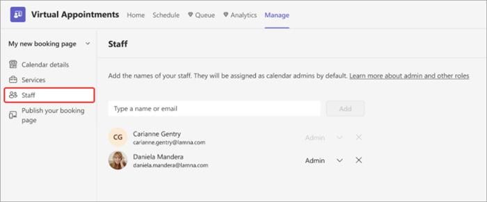 Screenshot of where users can add staff to their Virtual Appointments