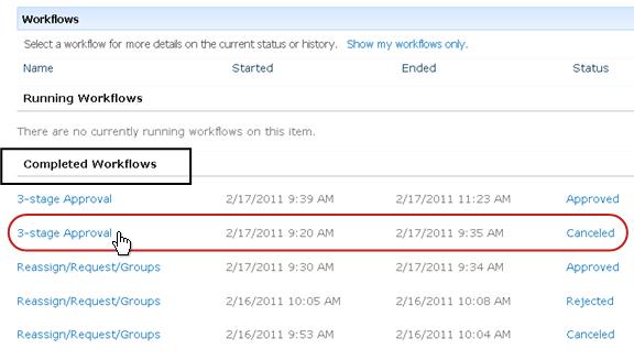 Completed Workflows list on Workflows page for item