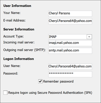 Enter your server information for Yahoo