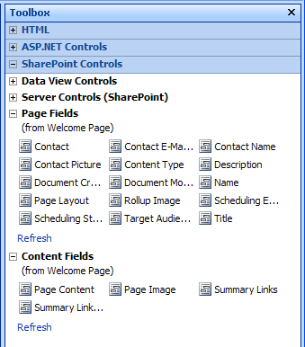 Toolbox with Page Fields and Content Fields sections expanded