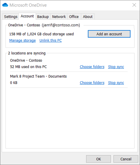 Screenshot of account settings in the OneDrive sync client.