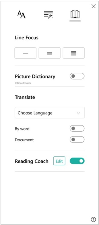 Screenshot of the reading preferences pane of immersive reader, showing options for line focus, picture dictionary, translation, and Reading Coach. 