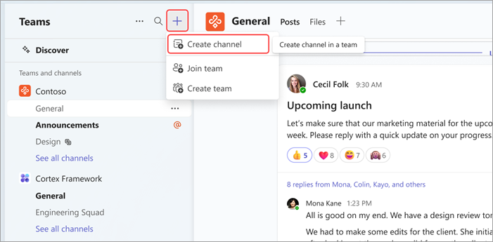 Screenshot showing navigation from Teams to create channel