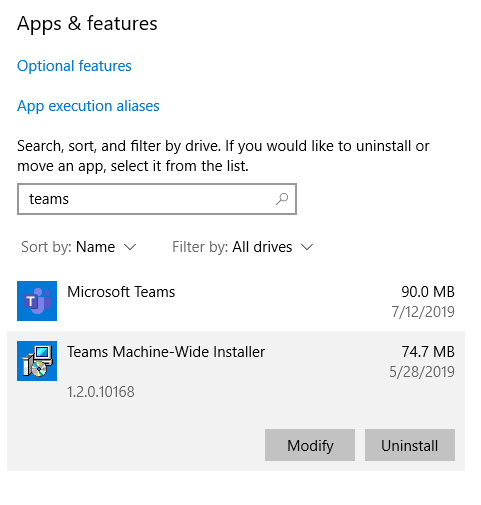 A step in the process of uninstalling Teams from Windows