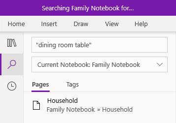 Searching for a text phrase in OneNote for Windows 10