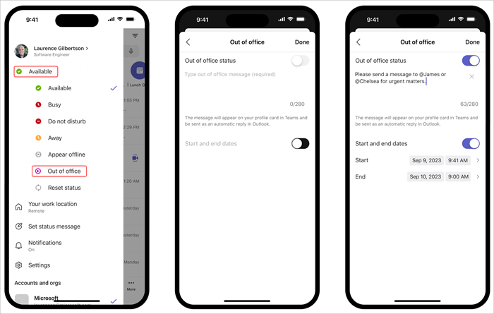 Series of 3 mobile screenshots showing how to set out of office status.