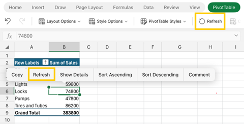 Screenshot of refreshing pivot table on Excel for iPad