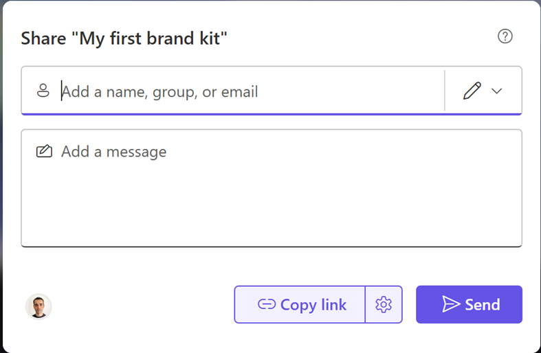 Add recipient email addresses and include a message to share a brand kit with them.