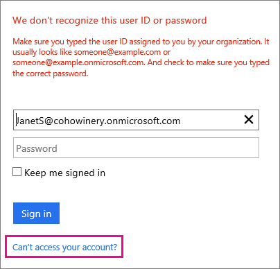 Screen shot that shows  the Can't access your account link to reset your password.