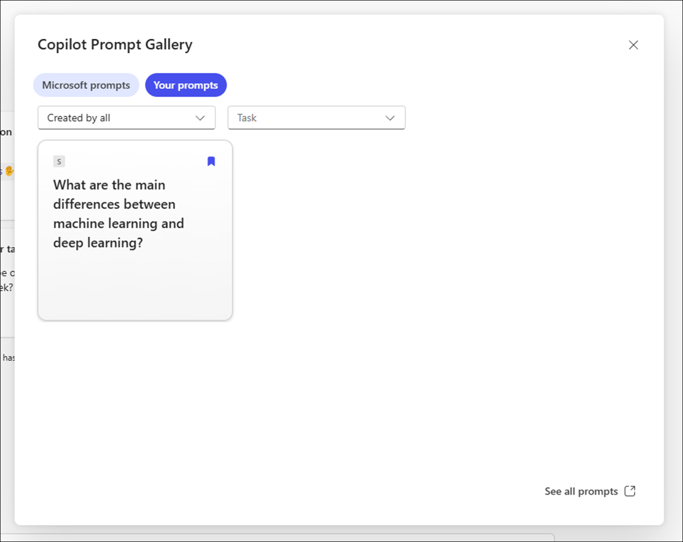 Copilot Prompt Gallery dialog showing saved prompts with filter options such as task and job type.