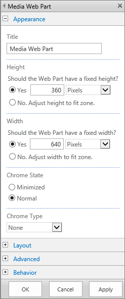 Screenshot of the Media Web Part dialog in SharePoint Online to specify settings related to Appearance, Layout, Advanced, and Behavior for media files. The options for Appearance are shown, including title, height, width, and chrome state and type.