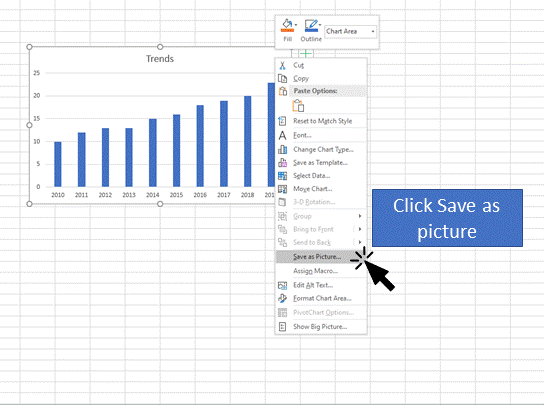 An image showing a user saving an object in an excel sheet as a picture.