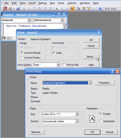 Setting print options for code modules