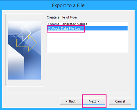 Choose Outlook Data File (.pst) and then choose Next