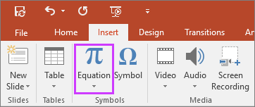 Shows insert equations button on the ribbon in PowerPoint