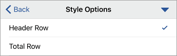 Style Options command expanded, with Header Row selected