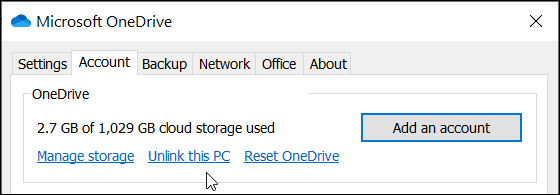 Where to find Unlink this PC link in OneDrive