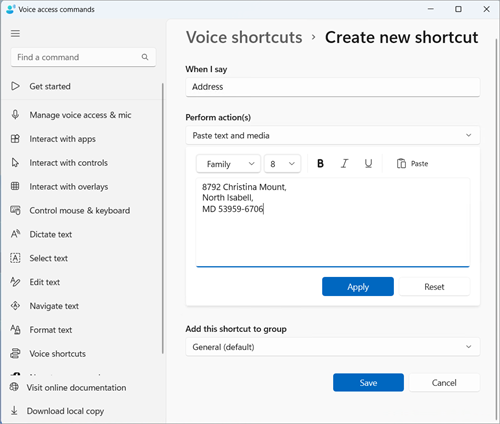 Create new shortcut page with an example address filled in the Paste text and media edit box. It is an as an example to keep Address as a shorctcuty.
