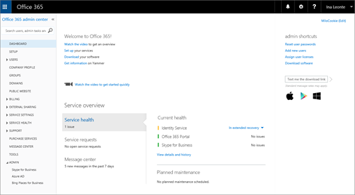 An example of what the Office 365 admin center looks like when you have a Skype for Business Online Plan.