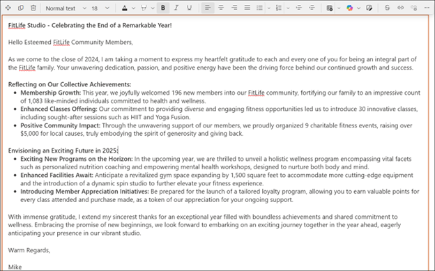 Screenshot of a longer text suggested by copilot in sharepoint rich text editor