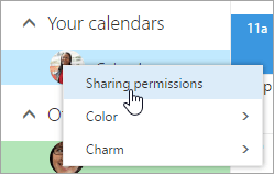 A screenshot of the context menu for Your Calendar, with Sharing permissions selected.