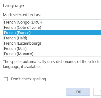 Image of the Set Proofing Language list in Word Web App.
