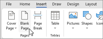 Insert blank page button on ribbon