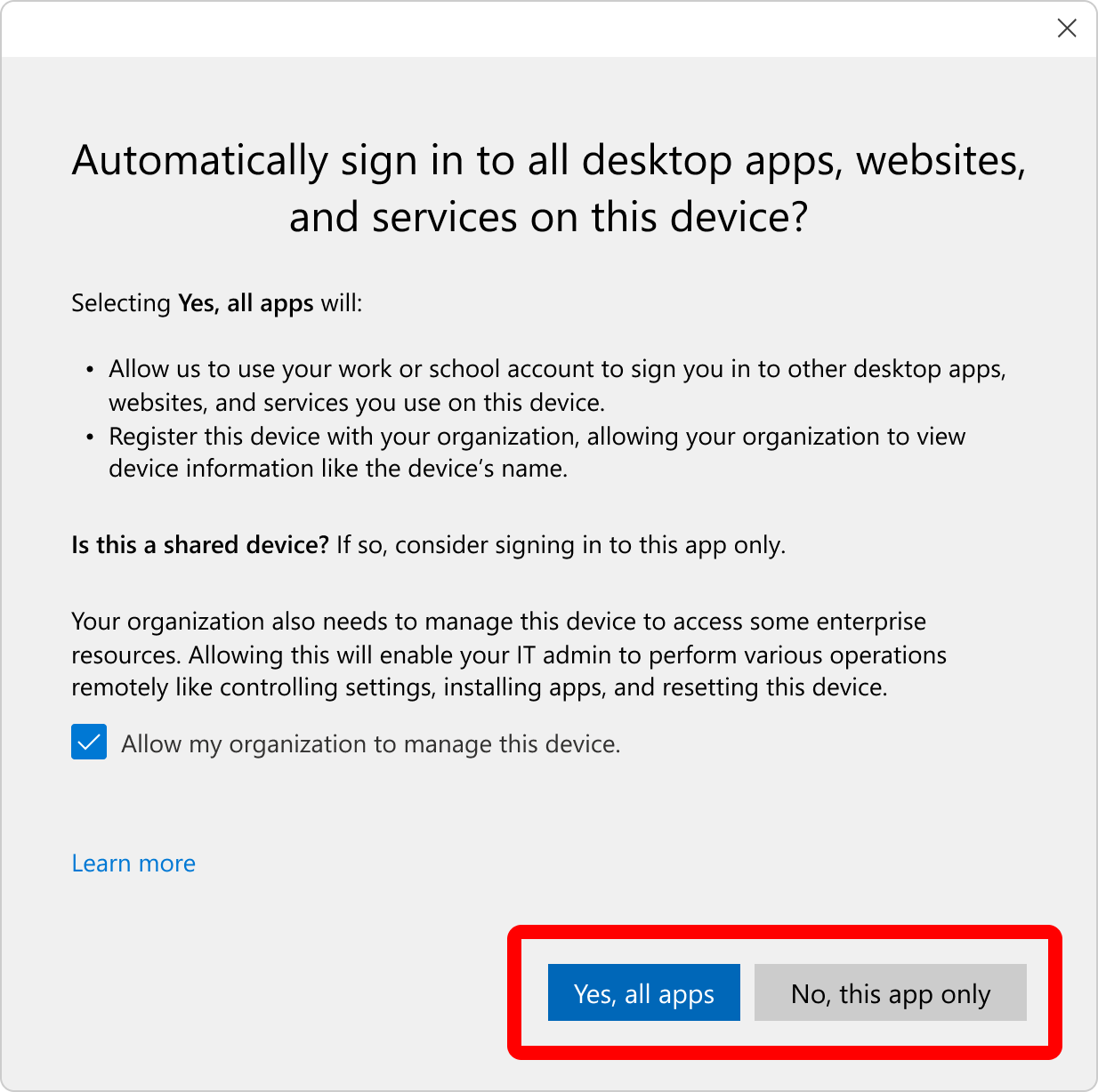 Screenshot of the device registration with device management dialog.