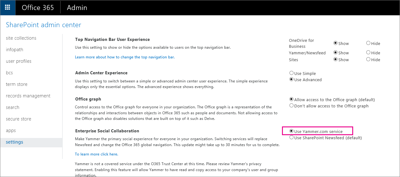 SharePoint admin center showing the User Yammer.com service setting