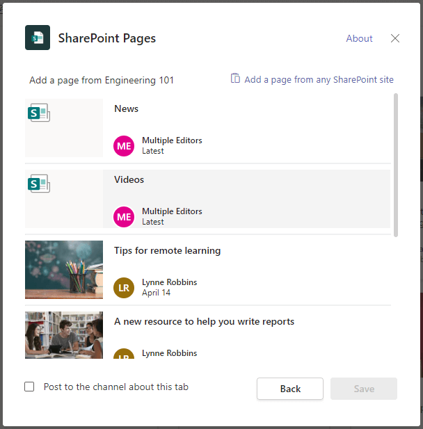 Videos page highlighted in the SharePoint Pages tab app from Teams