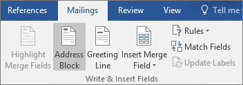 As part of Word mail merge, on the Mailings tab, in the Write & Insert Fields group, choose Address Block.
