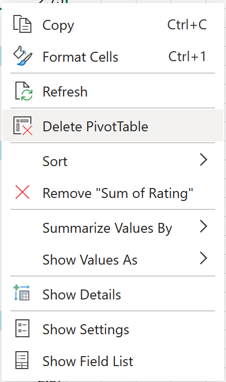 Delete PivotTable from the context menu on web.