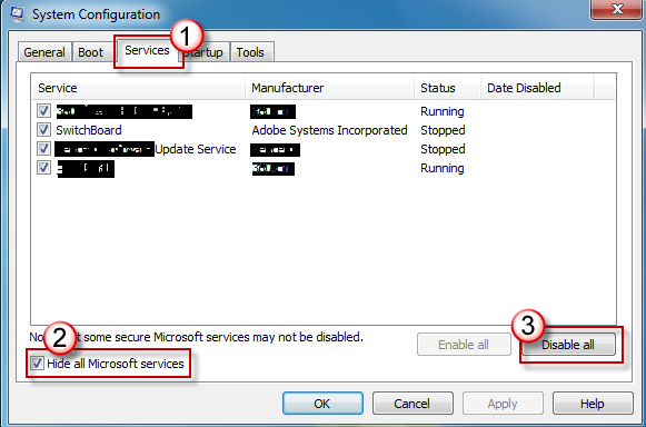 System Configuration - Services tab - Hide all Microsoft services check box checked