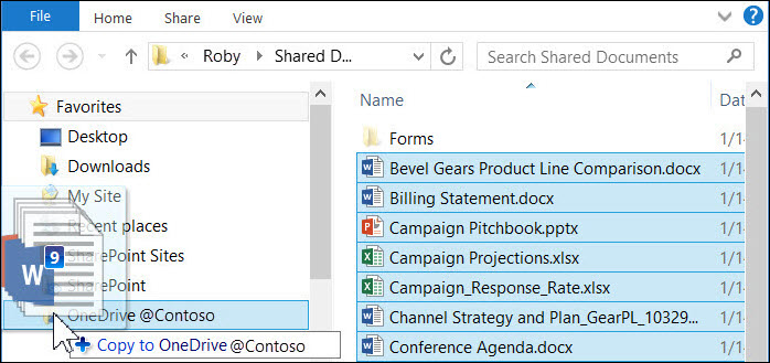 Drag files to your synced OneDrive for Business folder to upload them