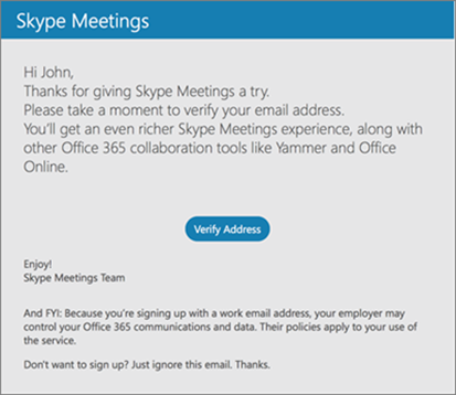 Skype Meetings - Verify your email message