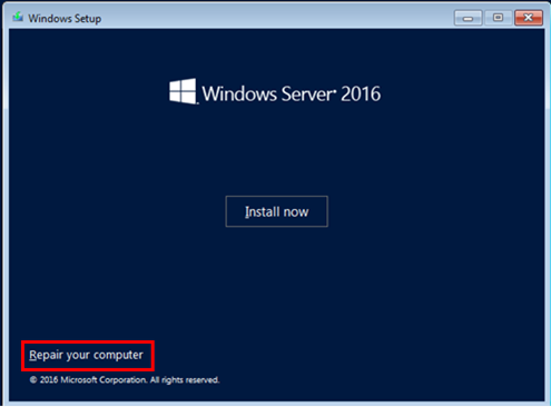 A screenshot of Windows Setup for Windows Server 2016 with the Repair your computer option highlighted.