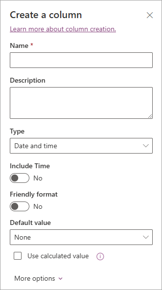 Screenshot of the Create a column panel you can use to add columns to lists.