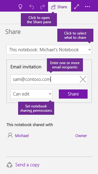 Screenshot of sharing an entire notebook in OneNote