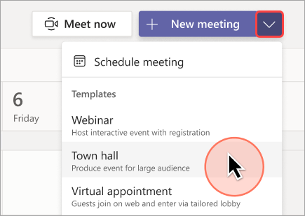 Screenshot showing how to create a new town hall in Teams