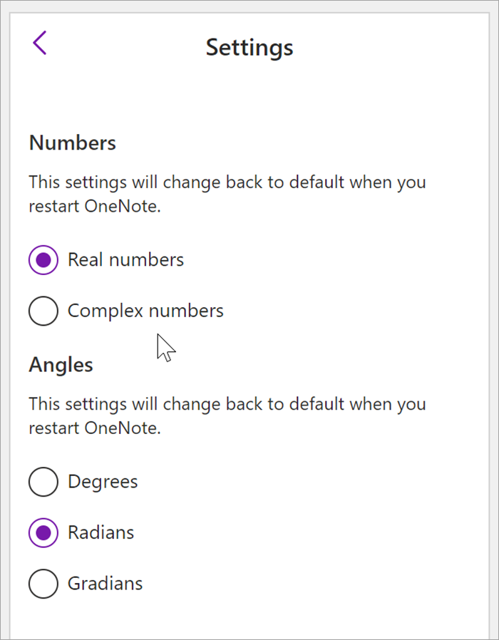screenshot of the math pane in Onenote desktop after selecting the settings icon. Options are provided to switch from real to complex numbers and choose between degrees, radians and gradians for angles. 