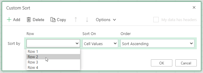 The row drop down in custom sort dialog is open when selecting to sort left to right