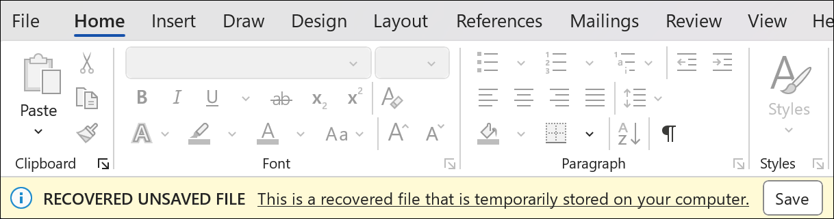 A screenshot of the session recovery in Word that states "Recover unsaved file: this is a recovered file that is temporarily stored on your computer". Next to it is a save button.