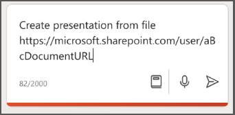 Screenshot of Copilot in PowerPoint compose box with Create a presentation from file with file URL